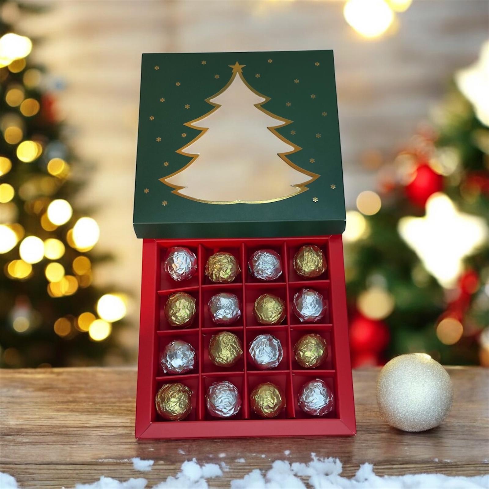 280 GR KARAMELLİ TRUFFLE ÇAM AGACI GÖRSELLİ YEŞİL KUTU